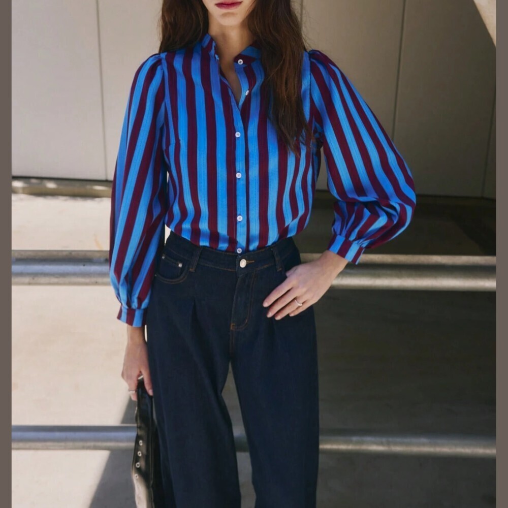 Blue Striped Button Down Shirt Bishop Sleeve Collared Long Sleeve Top